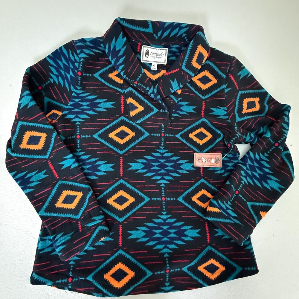 Outback Trading Co Janet Pullover XL Teal Aztec Fleece Shawl Collar NWT